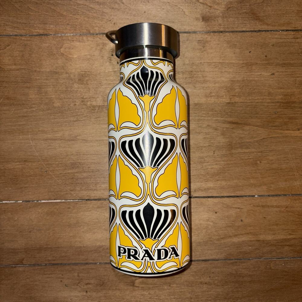 Prada Water Bottle 500ml Stainless Steel NEW Black & yellow Motif Travel Go Seal